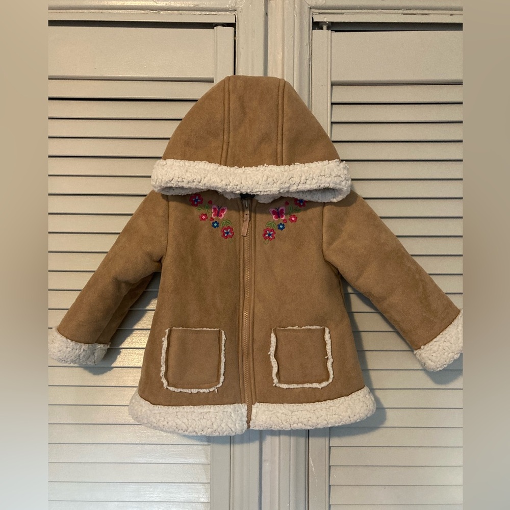 🌵 Little Me Girls Tan Suede Jacket Coat Floral Fleece Hoodie Zipper 18M Warm - Picture 2 of 12